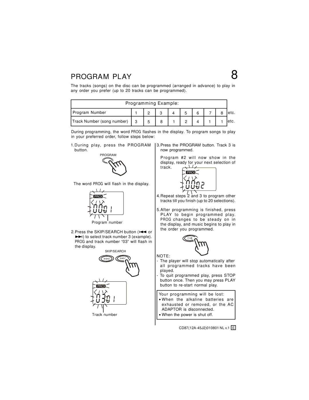 Lenoxx Electronics CD-87 operating instructions Program Play, Programming Example 