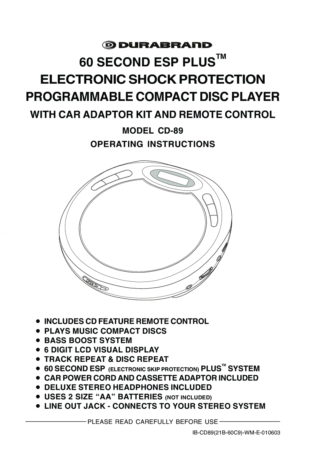 Lenoxx Electronics CD-89 manual With CAR Adaptor KIT and Remote Control 