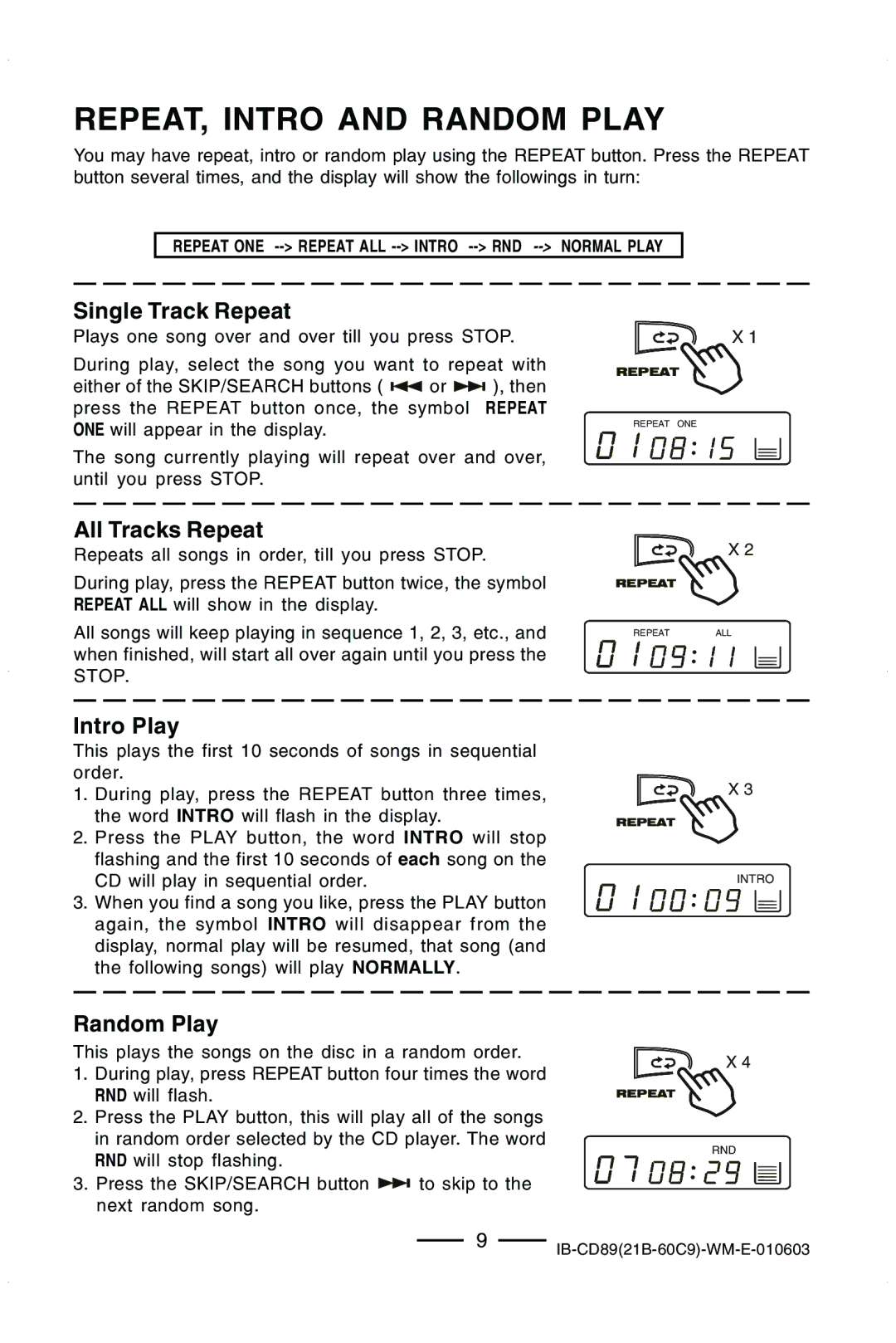 Lenoxx Electronics CD-89 manual REPEAT, Intro and Random Play, Single Track Repeat 