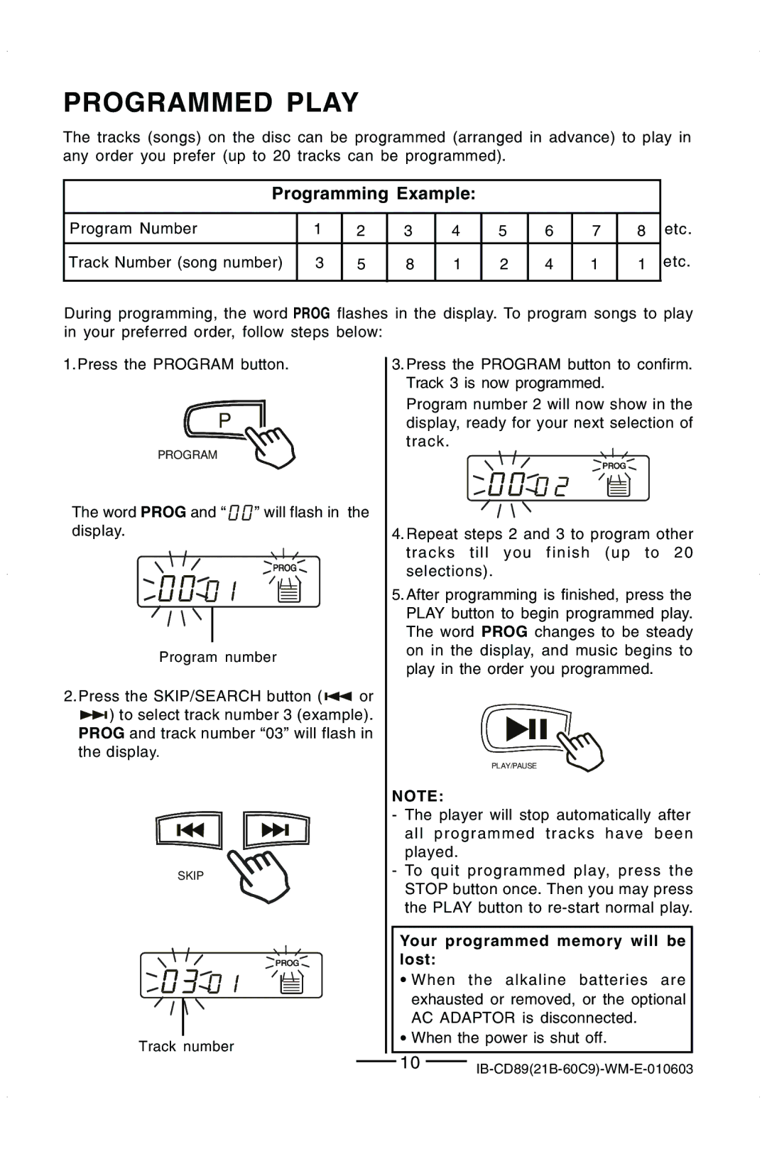 Lenoxx Electronics CD-89 manual Programmed Play, Programming Example 