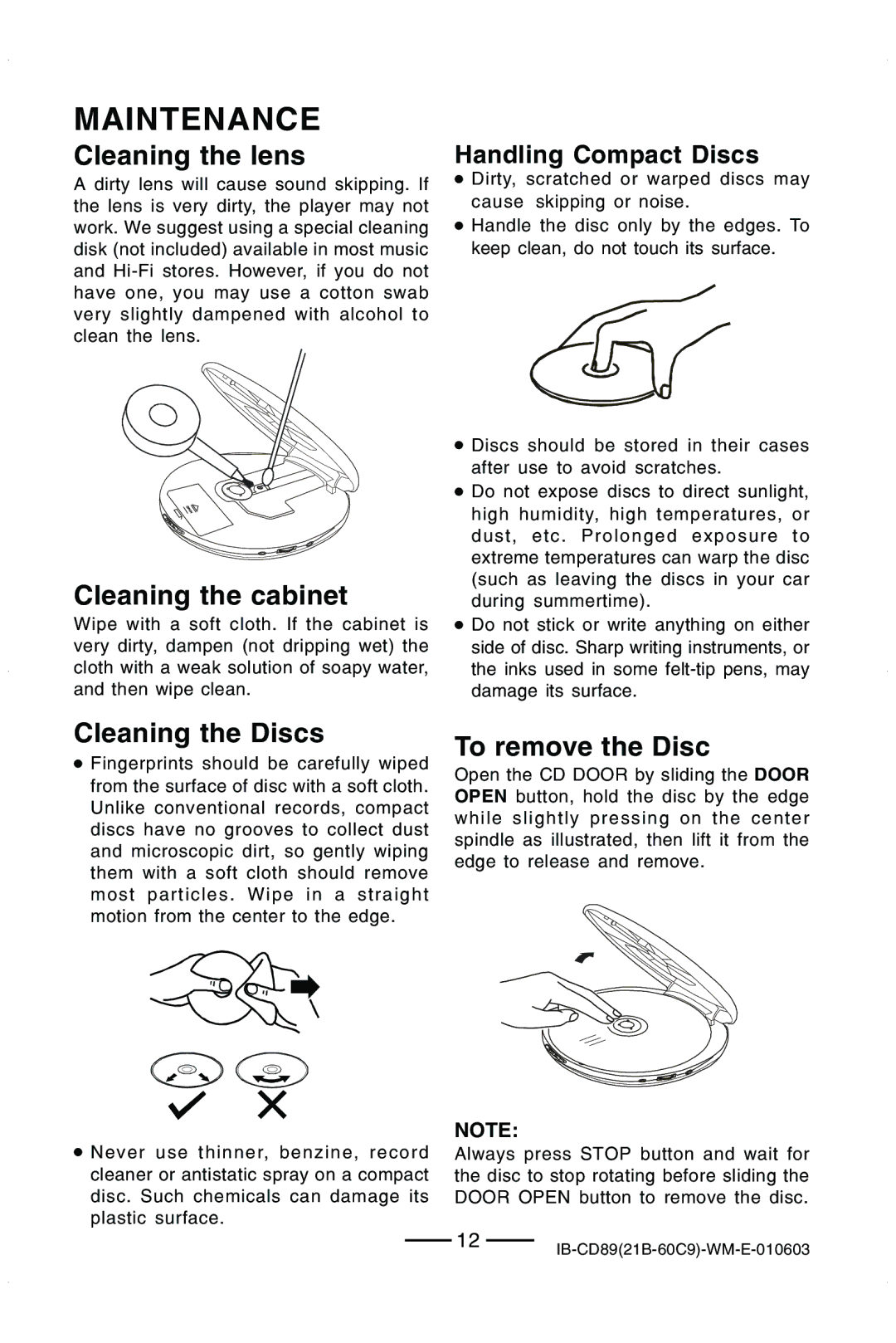 Lenoxx Electronics CD-89 Maintenance, Cleaning the lens, Cleaning the cabinet, Cleaning the Discs, To remove the Disc 