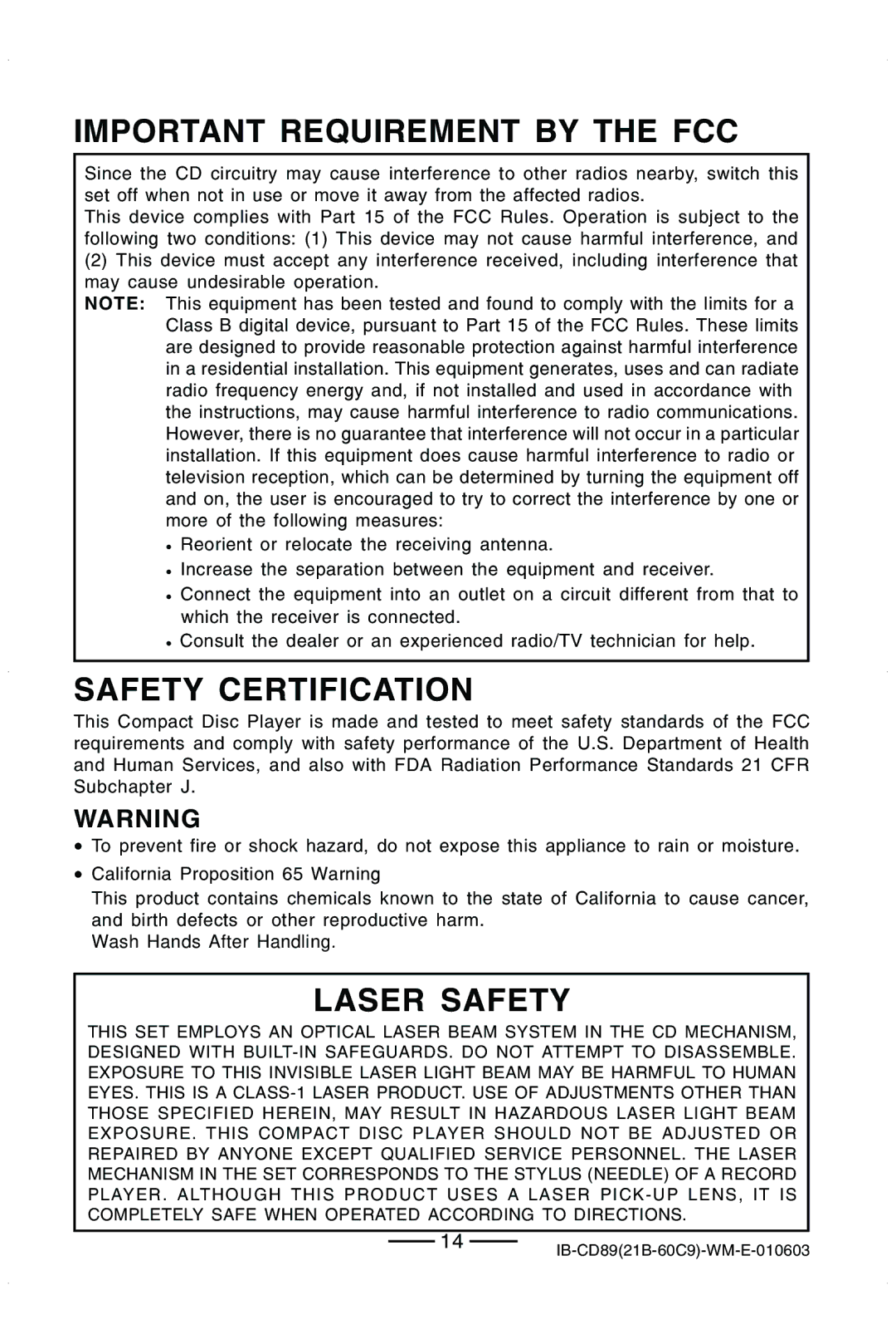 Lenoxx Electronics CD-89 manual Important Requirement by the FCC, Safety Certification, Laser Safety 