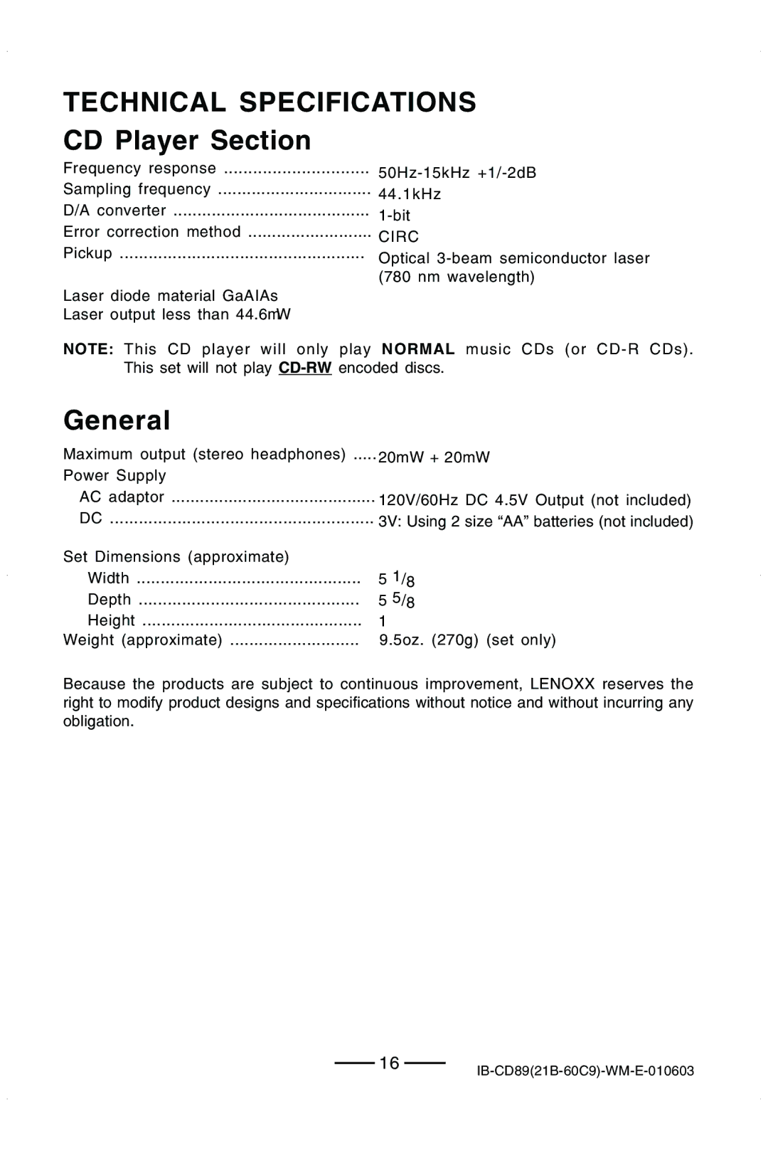 Lenoxx Electronics CD-89 manual Technical Specifications, CD Player Section, General 