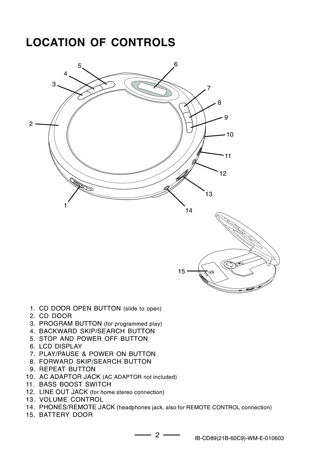 Lenoxx Electronics CD-89 manual Location of Controls 