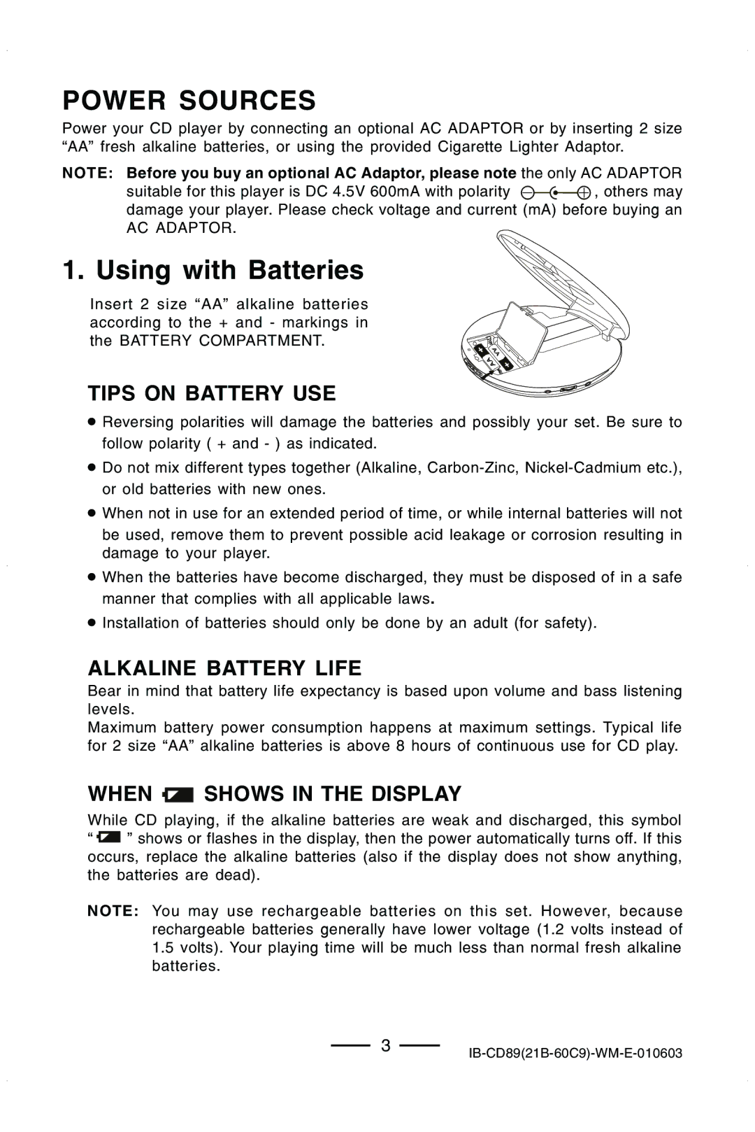 Lenoxx Electronics CD-89 manual Power Sources, Using with Batteries 