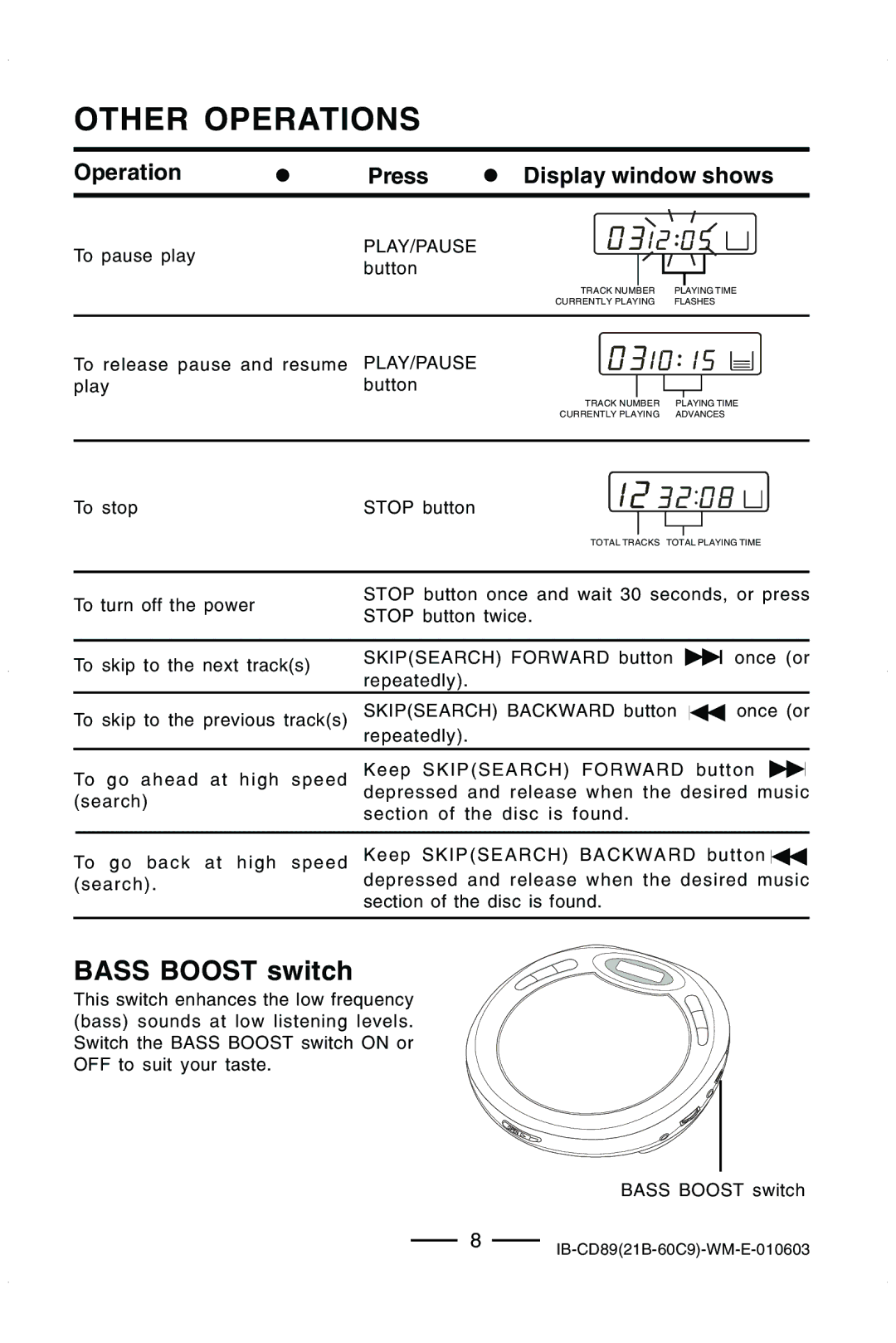 Lenoxx Electronics CD-89 manual Other Operations, Bass Boost switch 