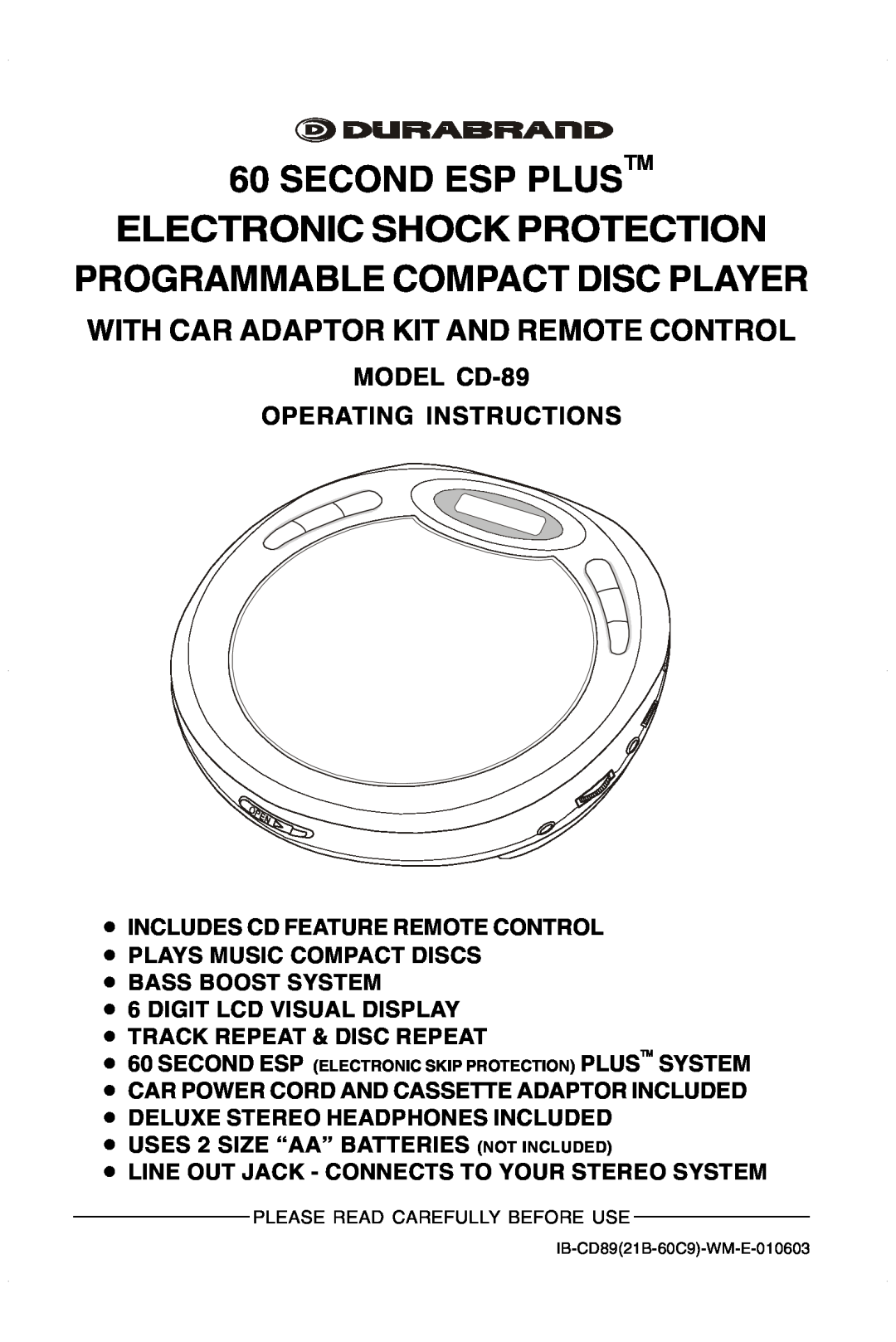 Lenoxx Electronics manual MODEL CD-89 OPERATING INSTRUCTIONS, 60SECOND ESP PLUSTM ELECTRONIC SHOCK PROTECTION 