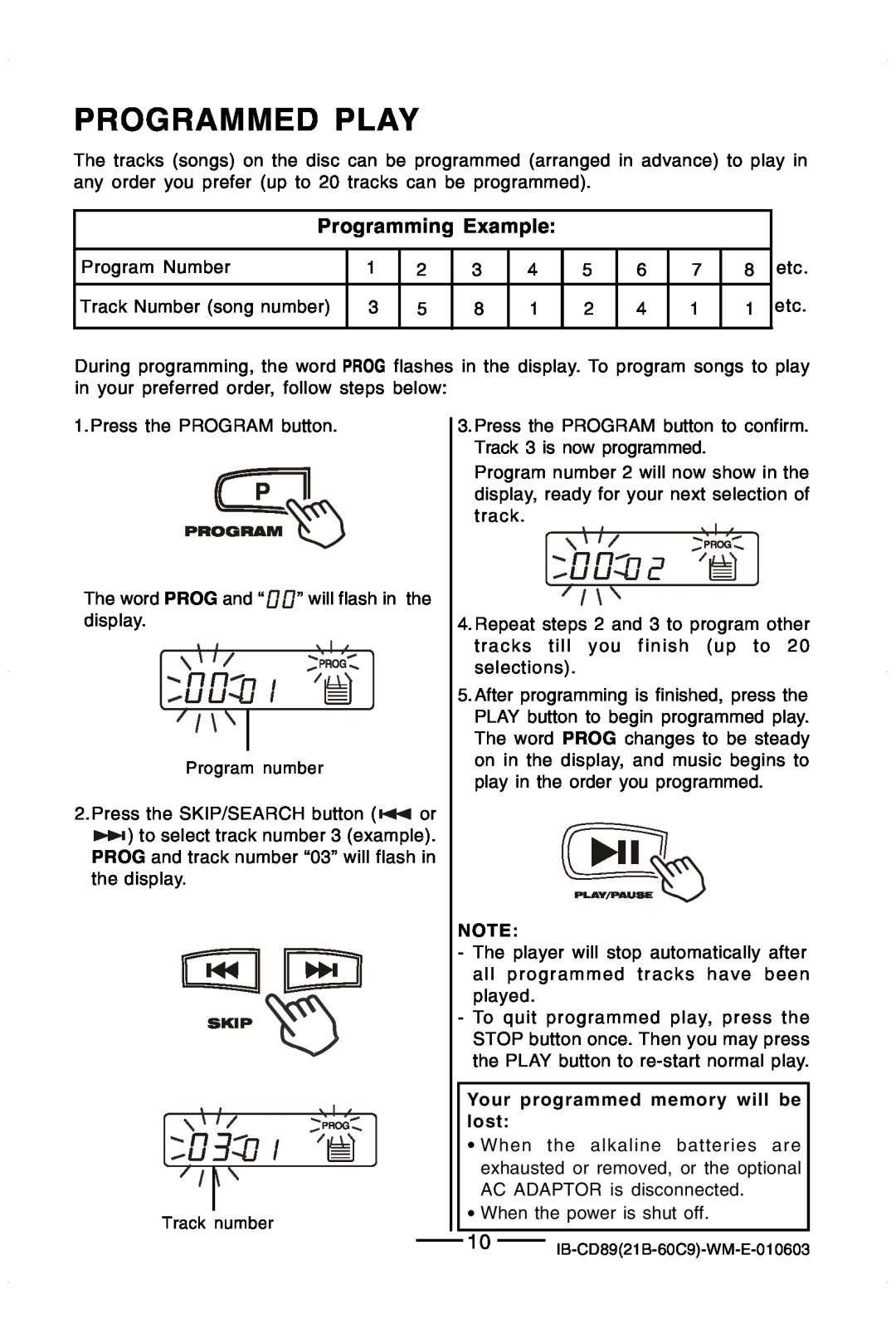 Lenoxx Electronics CD-89 manual Programmed Play, Programming Example 