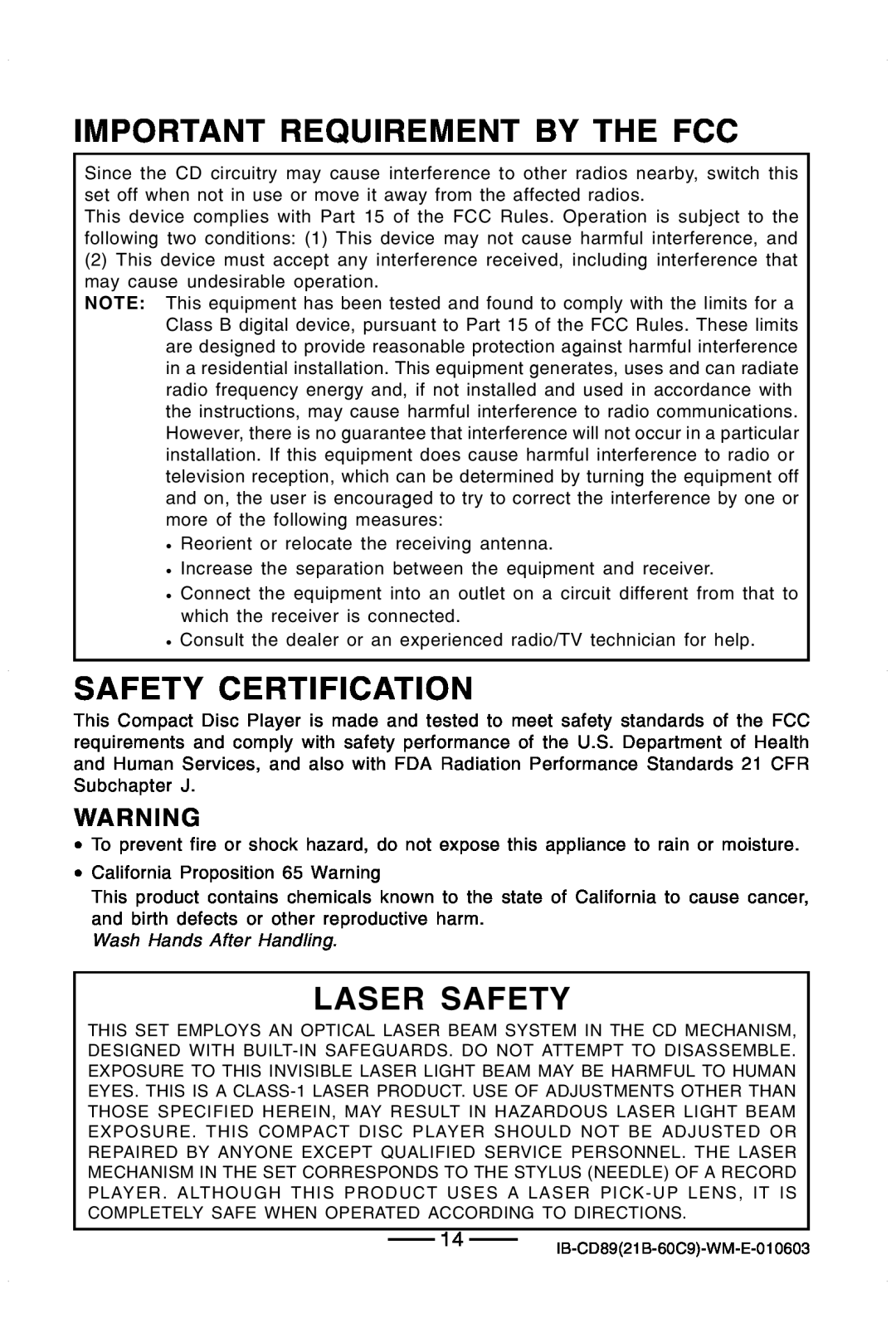 Lenoxx Electronics CD-89 manual Important Requirement By The Fcc, Safety Certification, Laser Safety 