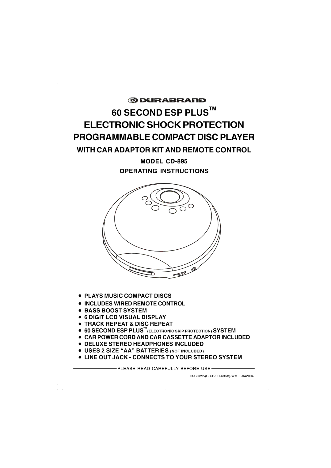 Lenoxx Electronics manual With CAR Adaptor KIT and Remote Control, Model CD-895 Operating Instructions 