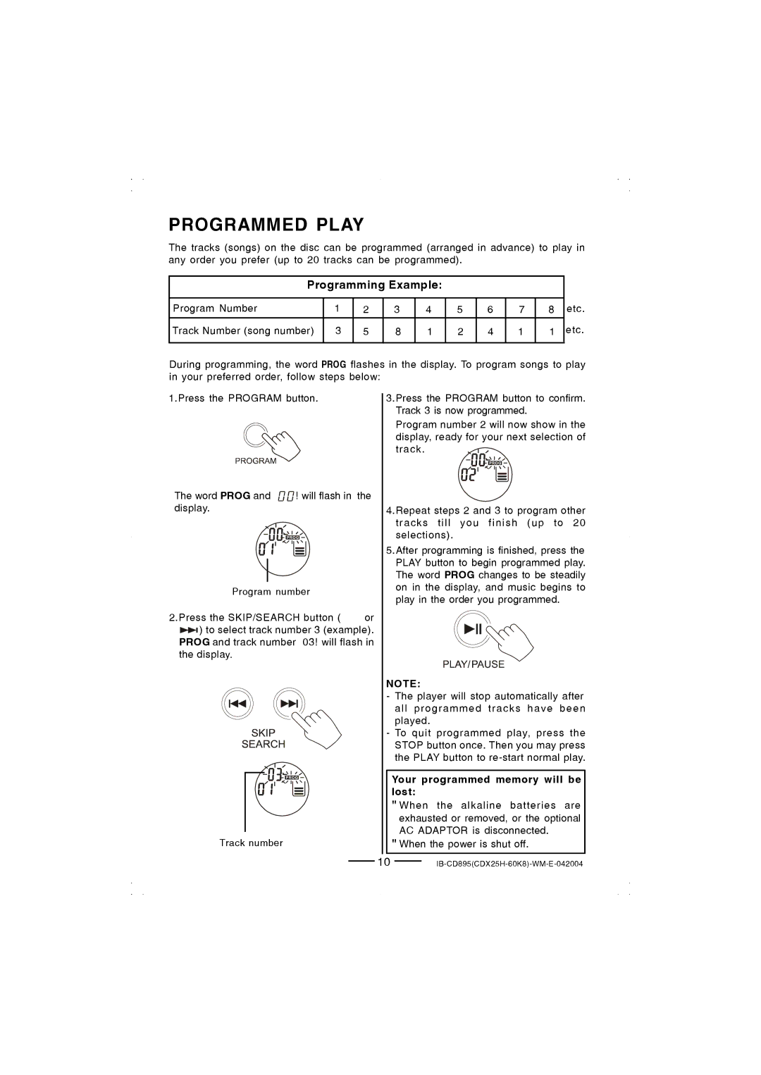 Lenoxx Electronics CD-895 manual Programmed Play, Programming Example 