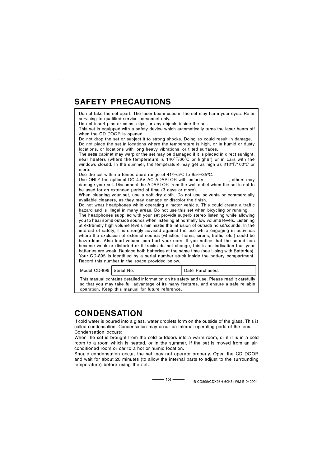 Lenoxx Electronics CD-895 manual Safety Precautions, Condensation 