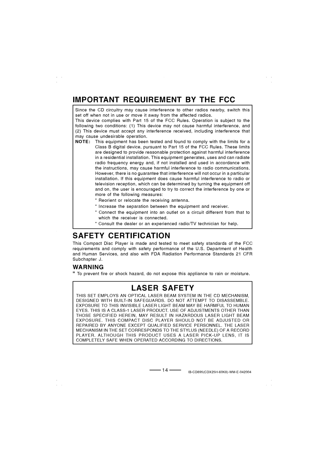 Lenoxx Electronics CD-895 manual Important Requirement by the FCC, Safety Certification, Laser Safety 