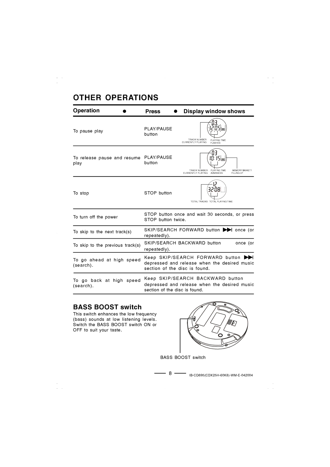 Lenoxx Electronics CD-895 manual Other Operations, Bass Boost switch 