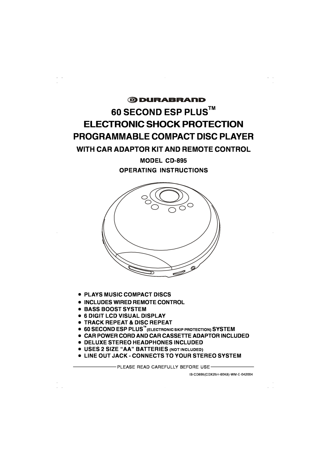 Lenoxx Electronics manual MODEL CD-895 OPERATING INSTRUCTIONS, 60SECOND ESP PLUSTM ELECTRONIC SHOCK PROTECTION 
