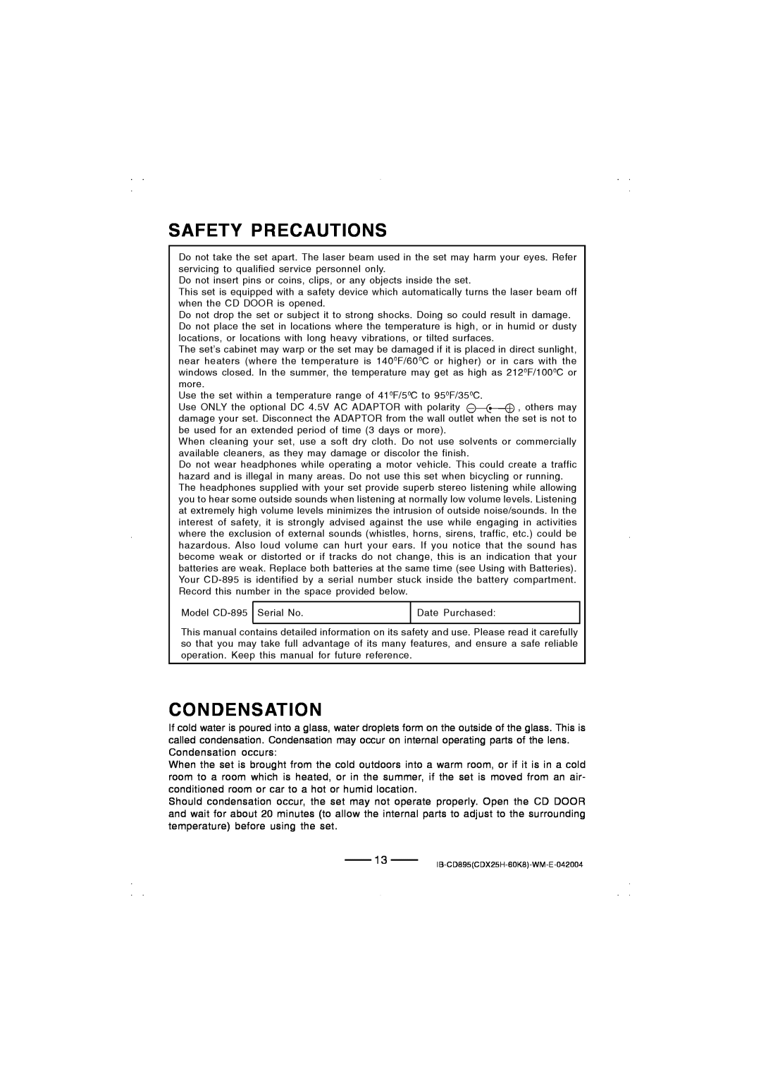 Lenoxx Electronics CD-895 manual Safety Precautions, Condensation 
