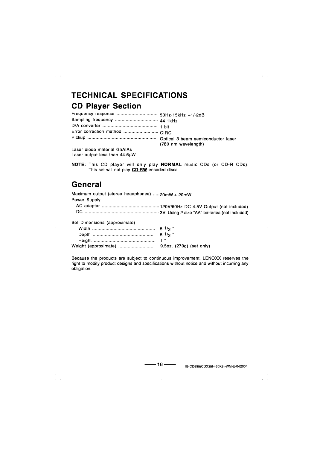 Lenoxx Electronics CD-895 manual Technical Specifications, CD Player Section, General 