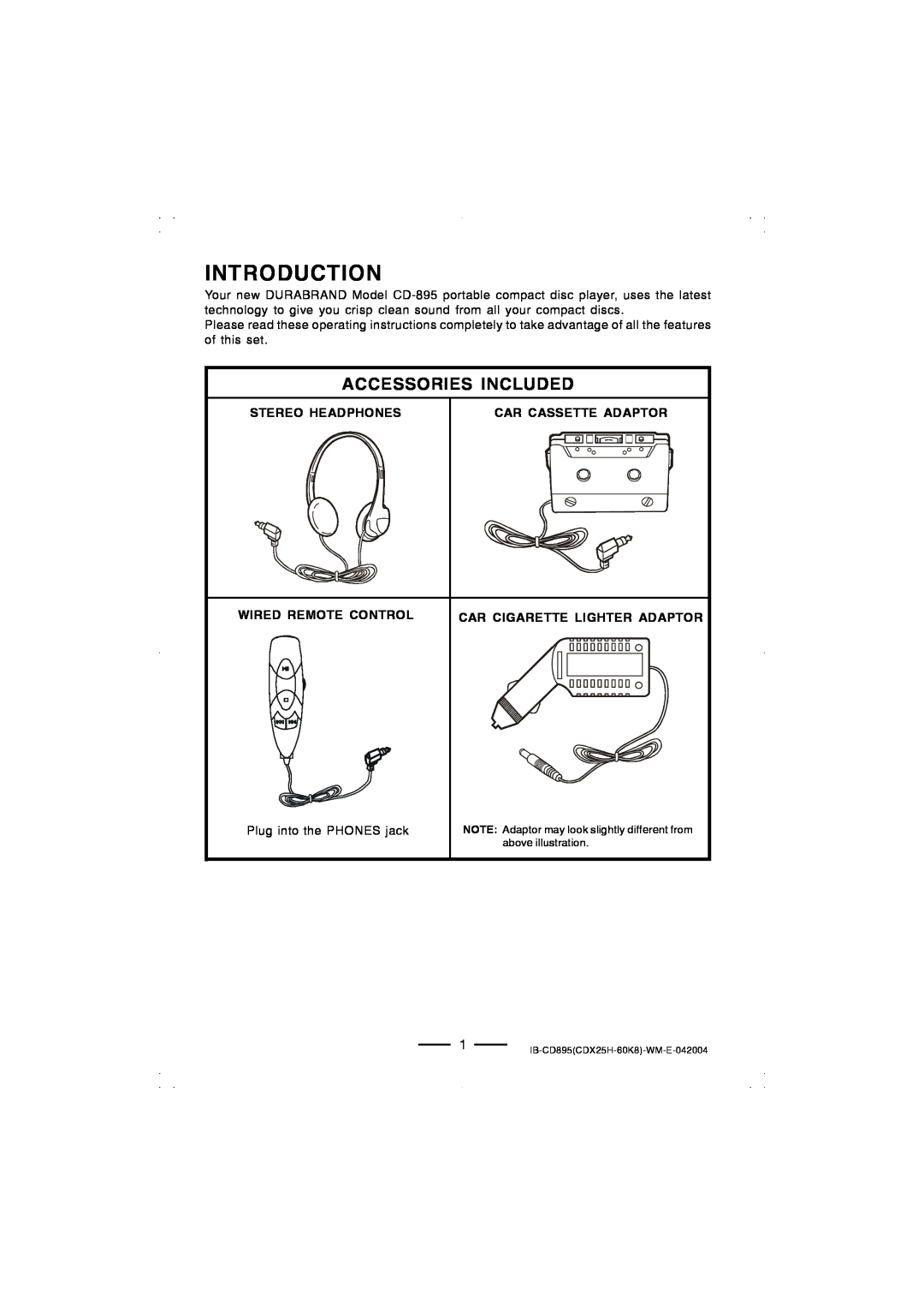 Lenoxx Electronics CD-895 manual Introduction, Accessories Included, Stereo Headphones, Car Cassette Adaptor 
