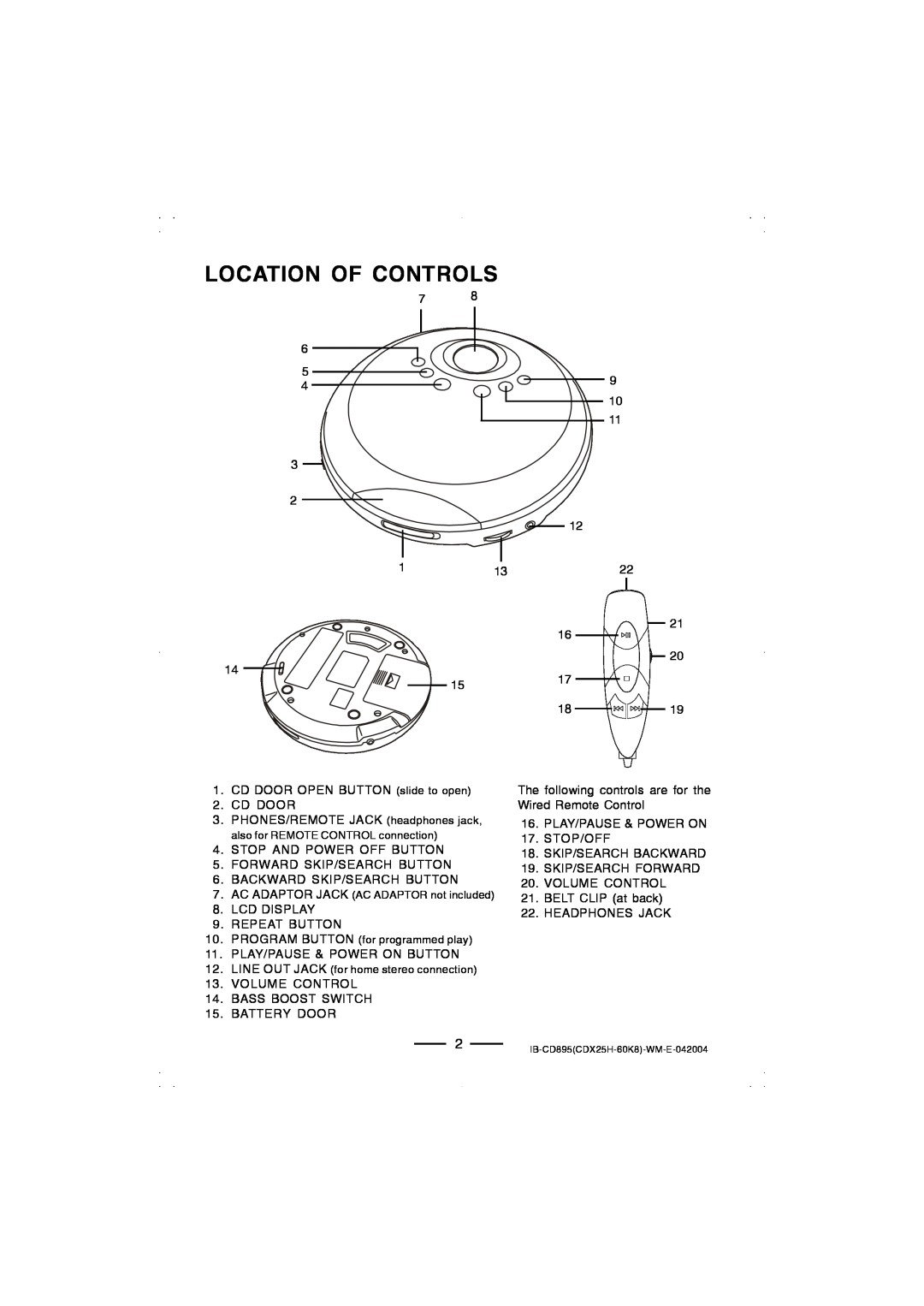 Lenoxx Electronics CD-895 manual Location Of Controls 