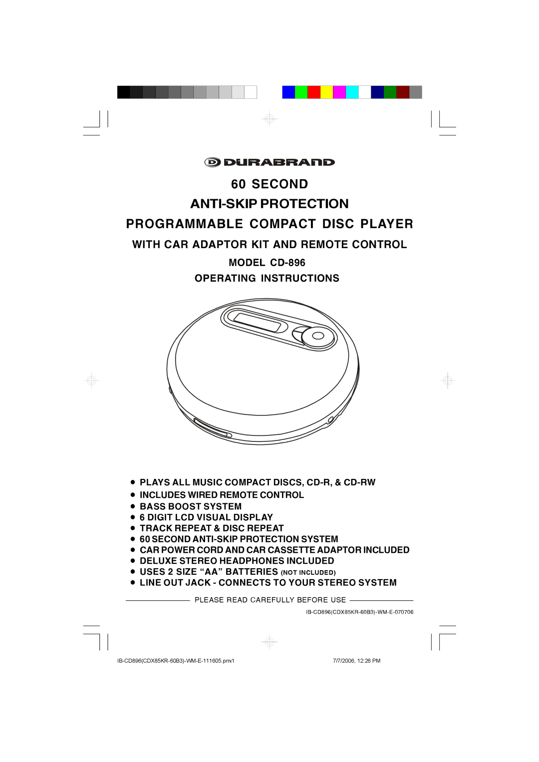 Lenoxx Electronics CD-896 operating instructions Second ANTI-SKIP Protection Programmable Compact Disc Player 