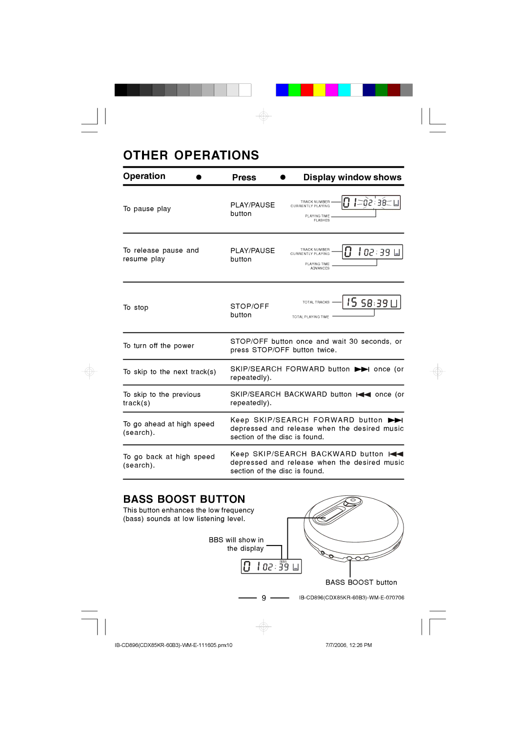 Lenoxx Electronics CD-896 operating instructions Other Operations, Bass Boost Button 