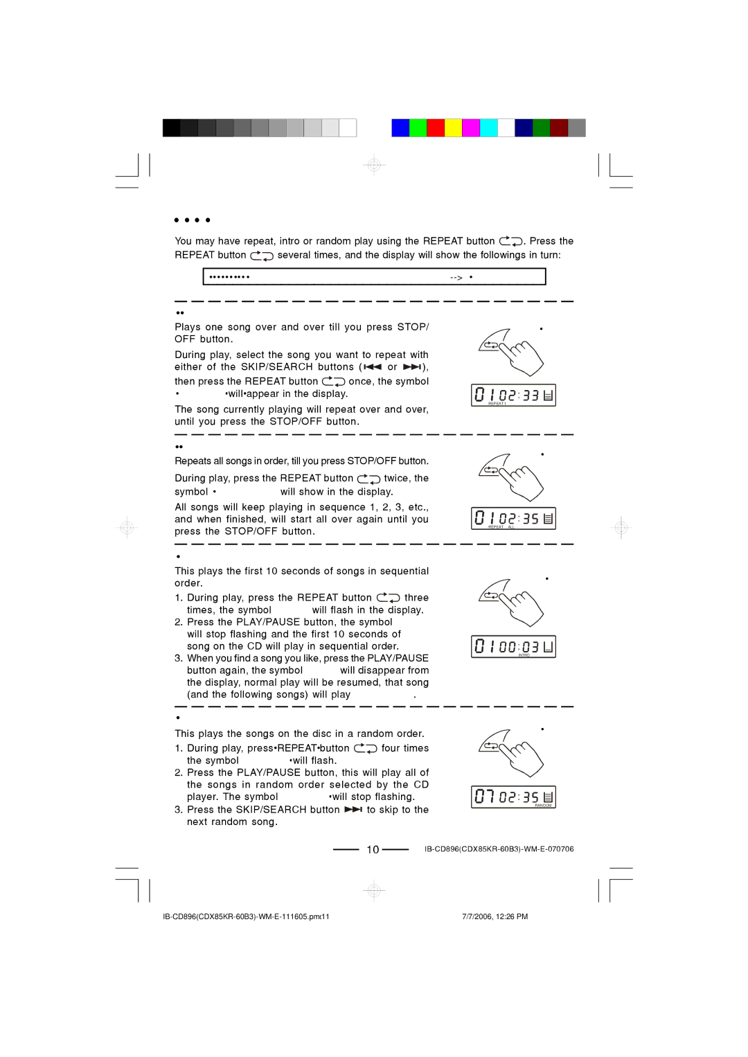 Lenoxx Electronics CD-896 operating instructions REPEAT, Intro and Random Play, Single Track Repeat 