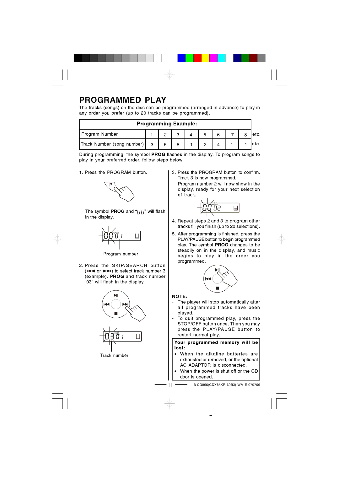 Lenoxx Electronics CD-896 operating instructions Programmed Play, Programming Example 