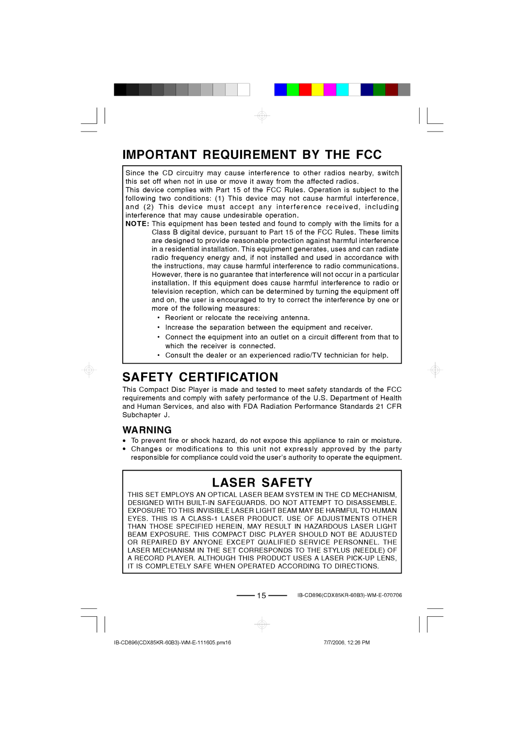 Lenoxx Electronics CD-896 operating instructions Important Requirement by the FCC, Safety Certification, Laser Safety 