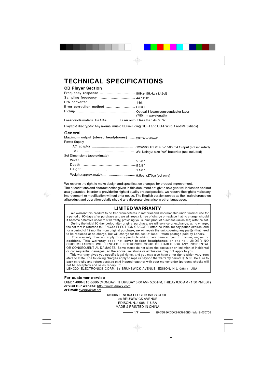 Lenoxx Electronics CD-896 operating instructions Technical Specifications, CD Player Section 