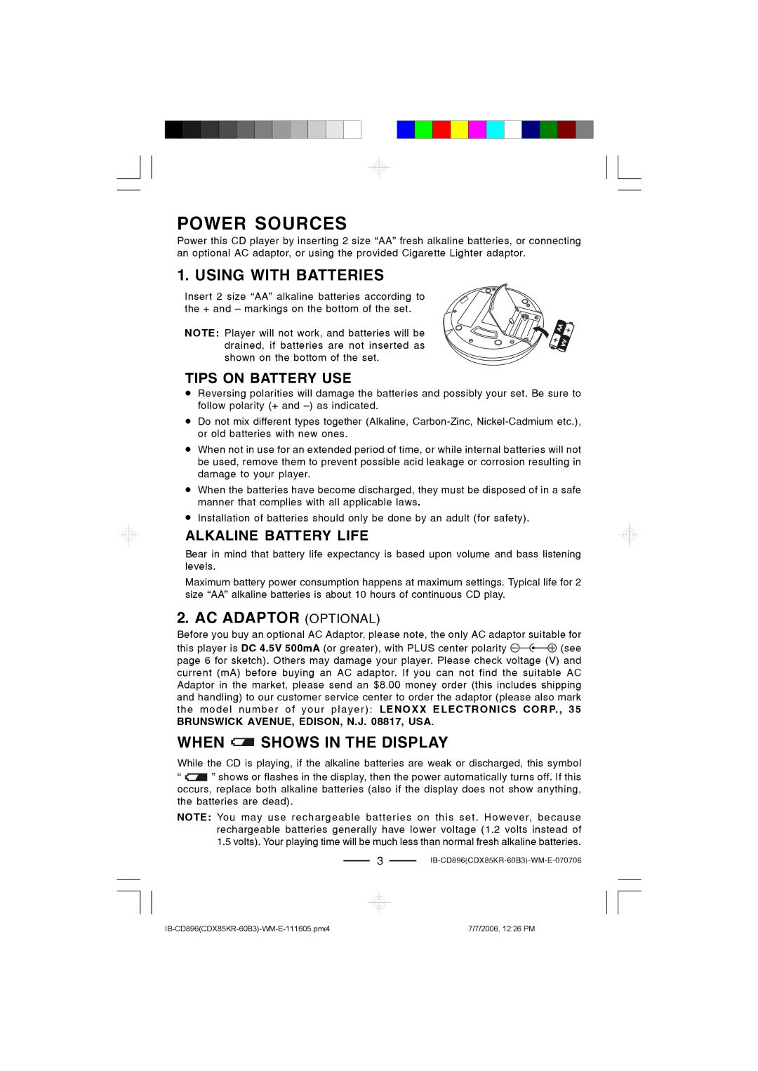 Lenoxx Electronics CD-896 Power Sources, Using with Batteries, AC Adaptor Optional, When Shows in the Display 