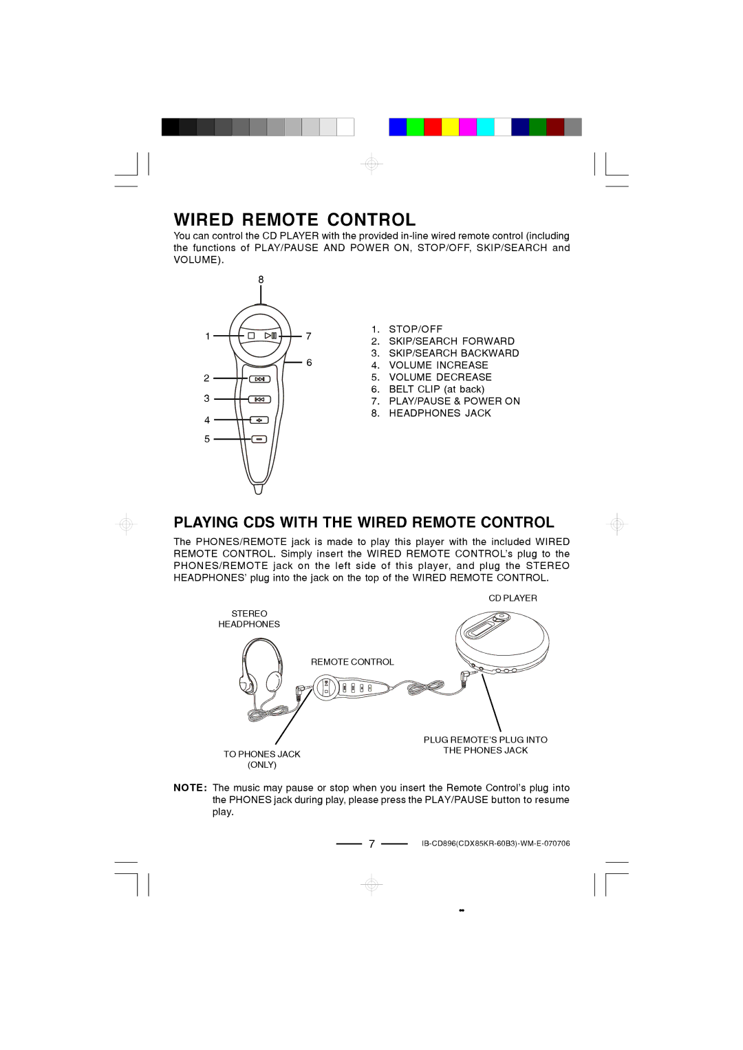 Lenoxx Electronics CD-896 operating instructions Playing CDS with the Wired Remote Control 