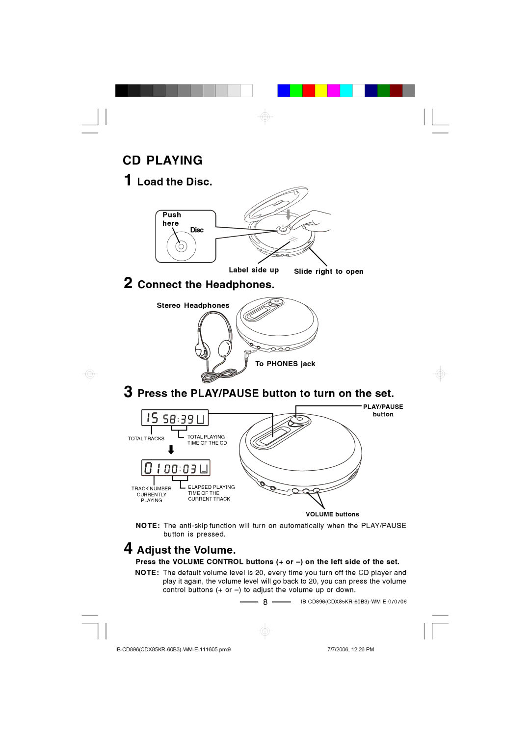 Lenoxx Electronics CD-896 operating instructions CD Playing, Press the PLAY/PAUSE button to turn on the set 