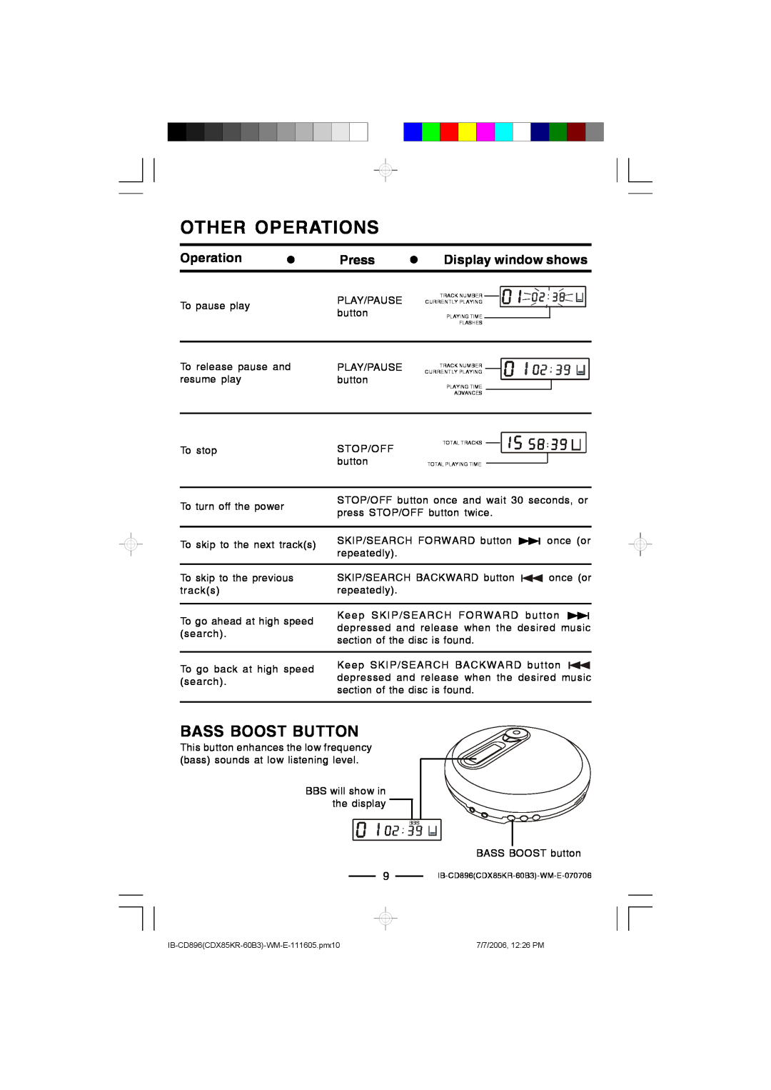 Lenoxx Electronics CD-896 operating instructions Other Operations, Bass Boost Button 