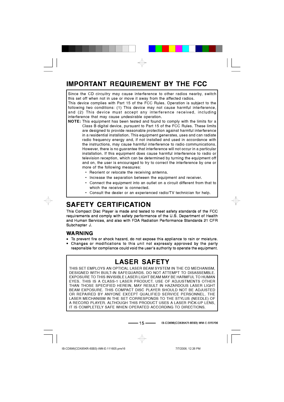 Lenoxx Electronics CD-896 operating instructions Important Requirement By The Fcc, Safety Certification, Laser Safety 