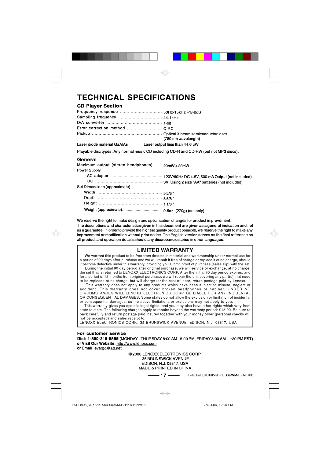 Lenoxx Electronics CD-896 operating instructions Technical Specifications, CD Player Section, General, For customer service 