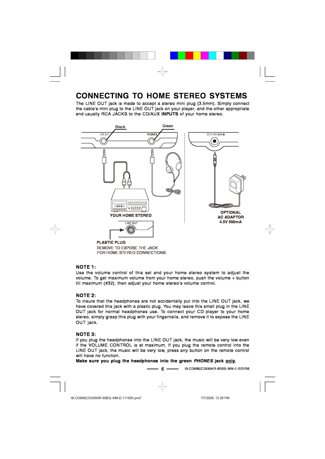 Lenoxx Electronics CD-896 operating instructions Connecting To Home Stereo Systems, Plastic Plug 