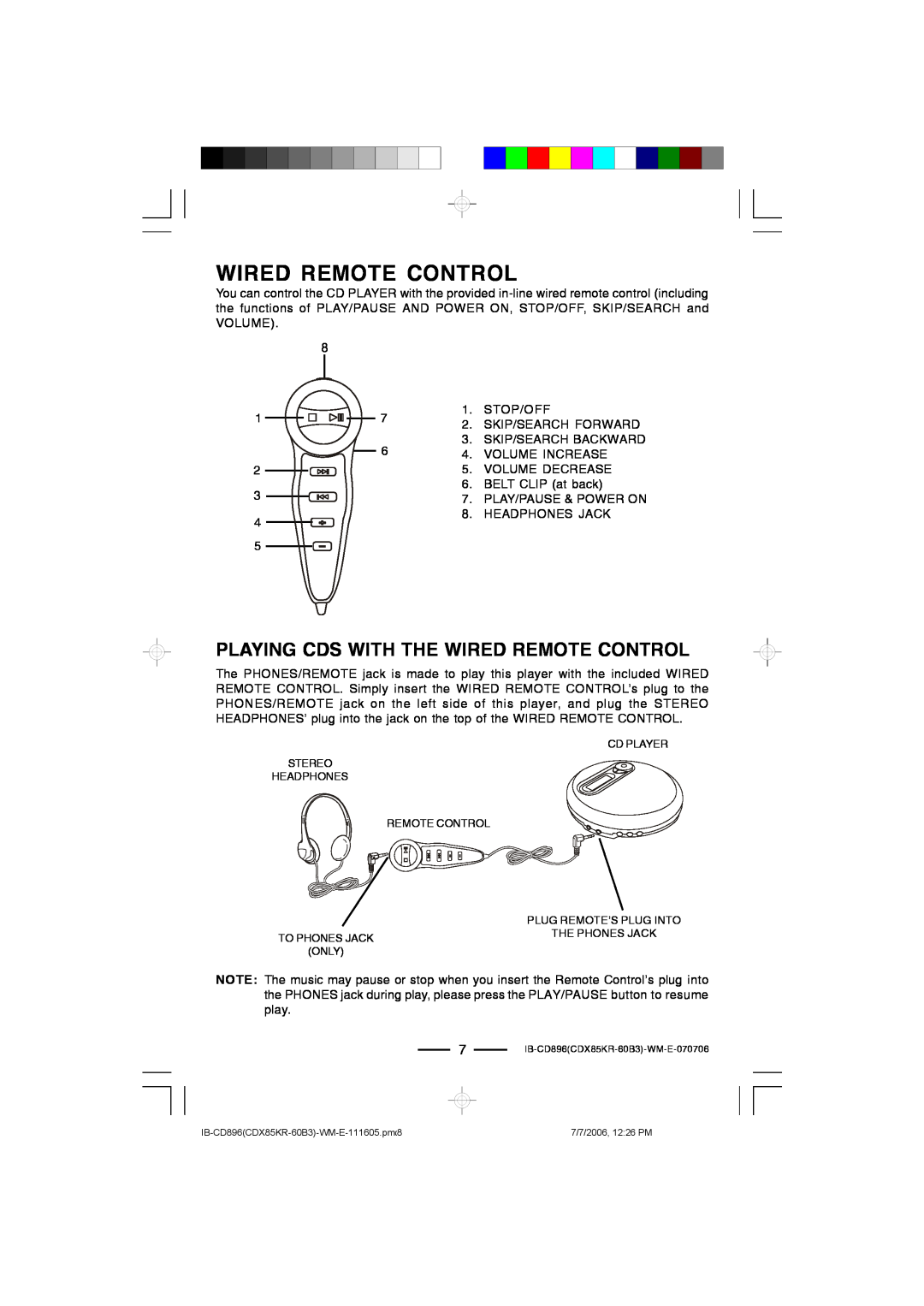 Lenoxx Electronics CD-896 operating instructions Playing Cds With The Wired Remote Control 