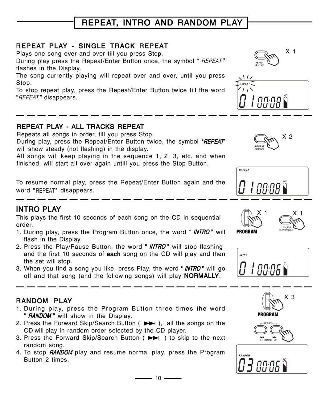 Lenoxx Electronics CD-91 operating instructions REPEAT, Intro and Random Play, Intro Play 