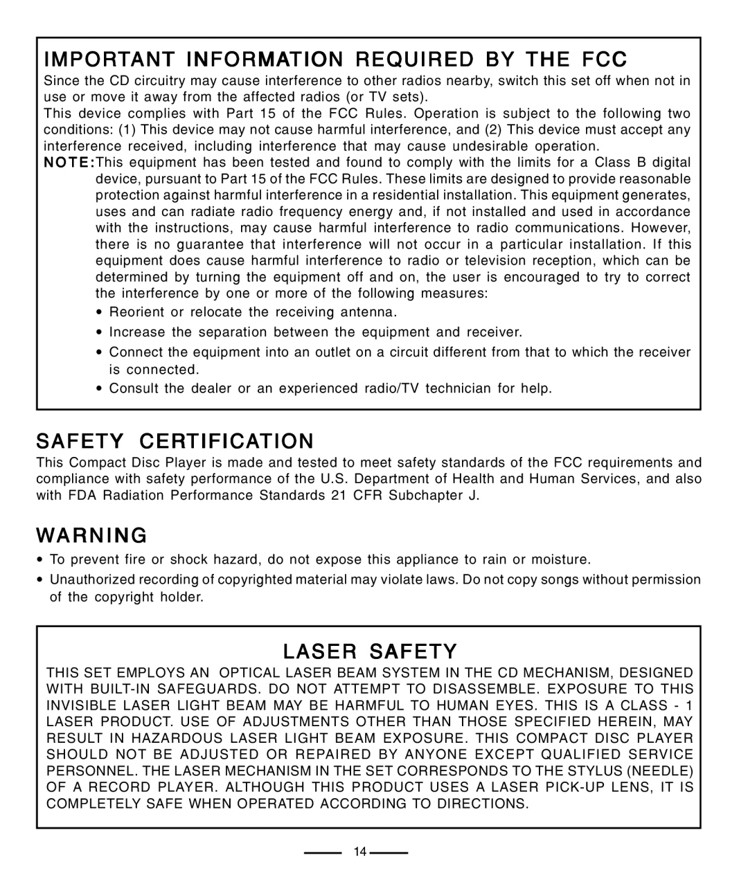 Lenoxx Electronics CD-91 Important Information Required by the FCC, Safety Certification, Laser Safety 