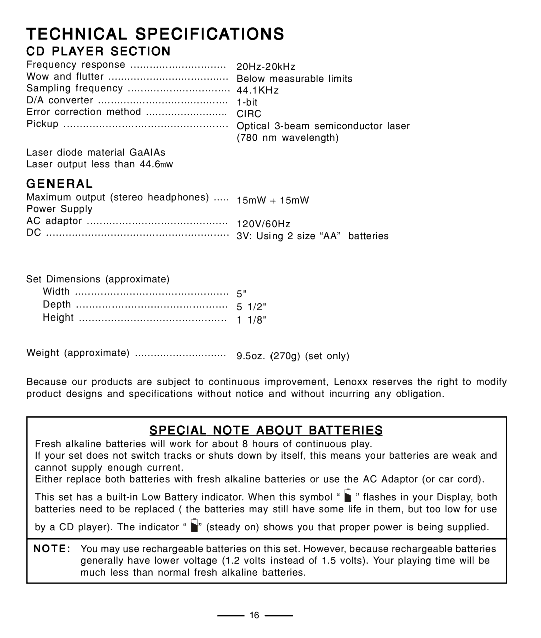 Lenoxx Electronics CD-91 operating instructions CD Player Section, General, Special Note about Batteries 