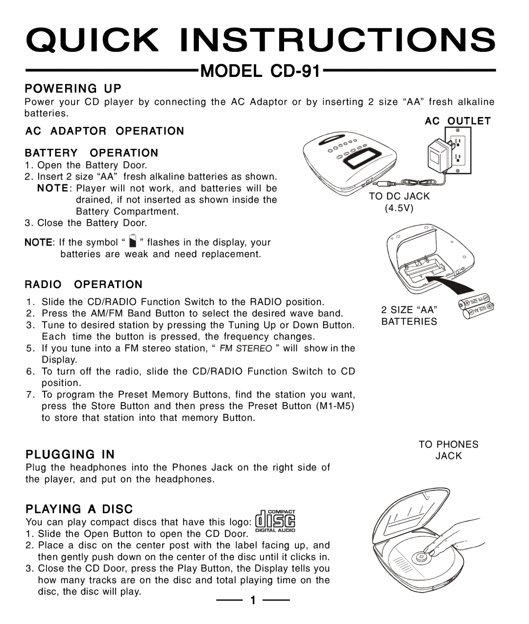 Lenoxx Electronics CD-91 operating instructions Powering UP, Plugging, Playing a Disc 