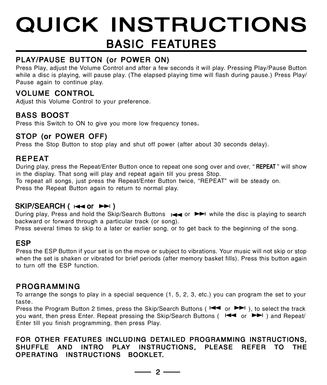 Lenoxx Electronics CD-91 operating instructions Volume Control, Bass Boost, Repeat, Esp, Programming 