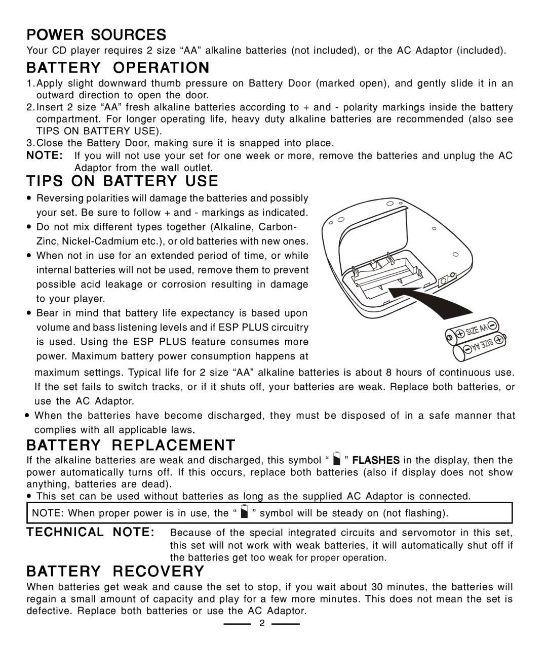 Lenoxx Electronics CD-91 Power Sources, Battery Operation, Tips on Battery USE, Battery Replacement, Battery Recovery 