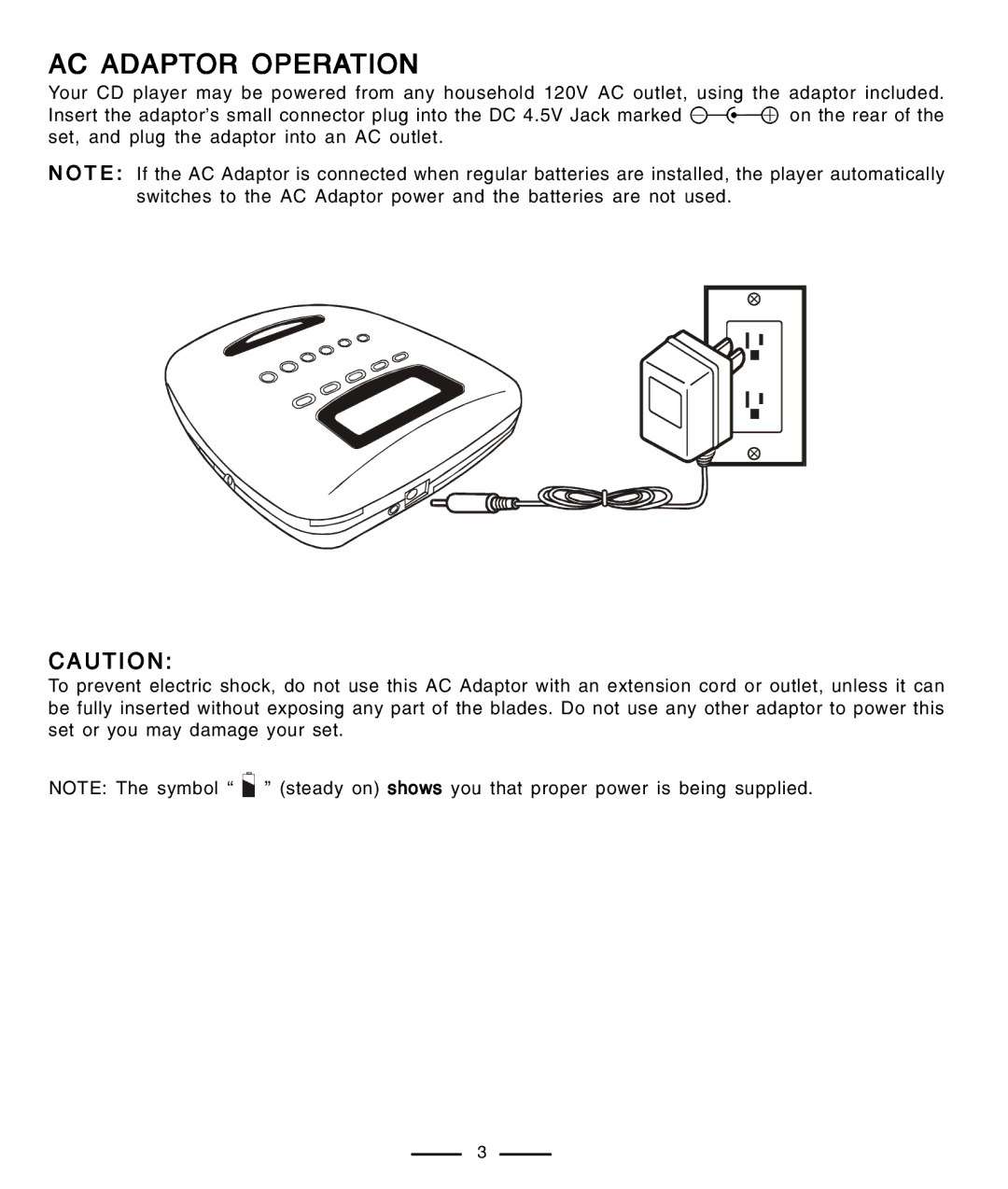 Lenoxx Electronics CD-91 operating instructions AC Adaptor Operation 