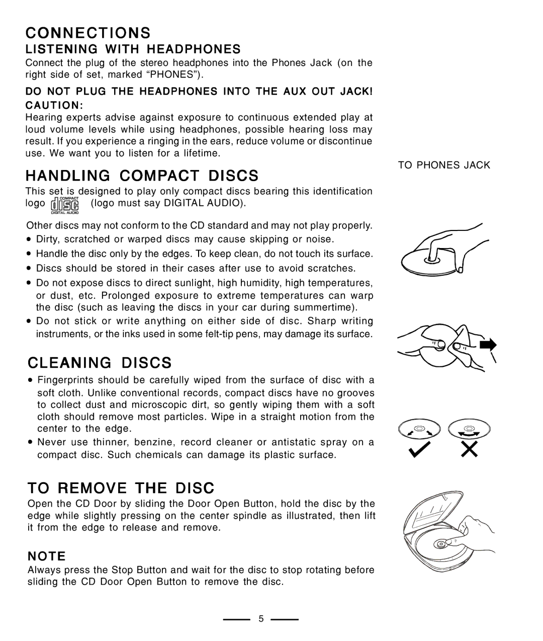 Lenoxx Electronics CD-91 operating instructions Connections, Handling Compact Discs, Cleaning Discs, To Remove the Disc 