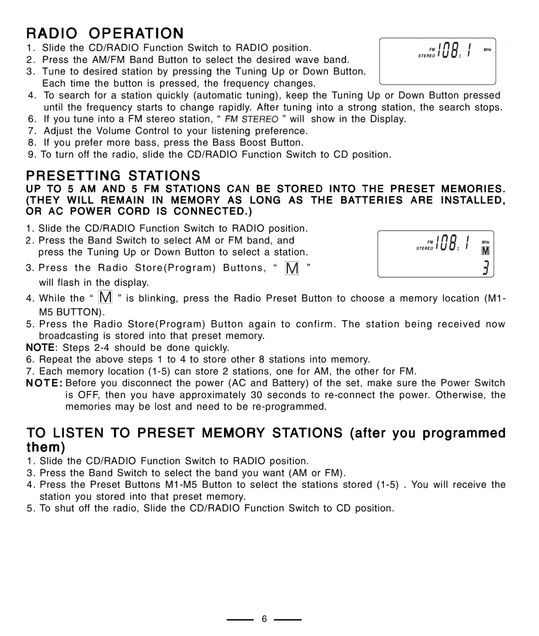 Lenoxx Electronics CD-91 operating instructions Radio Operation, Presetting Stations 