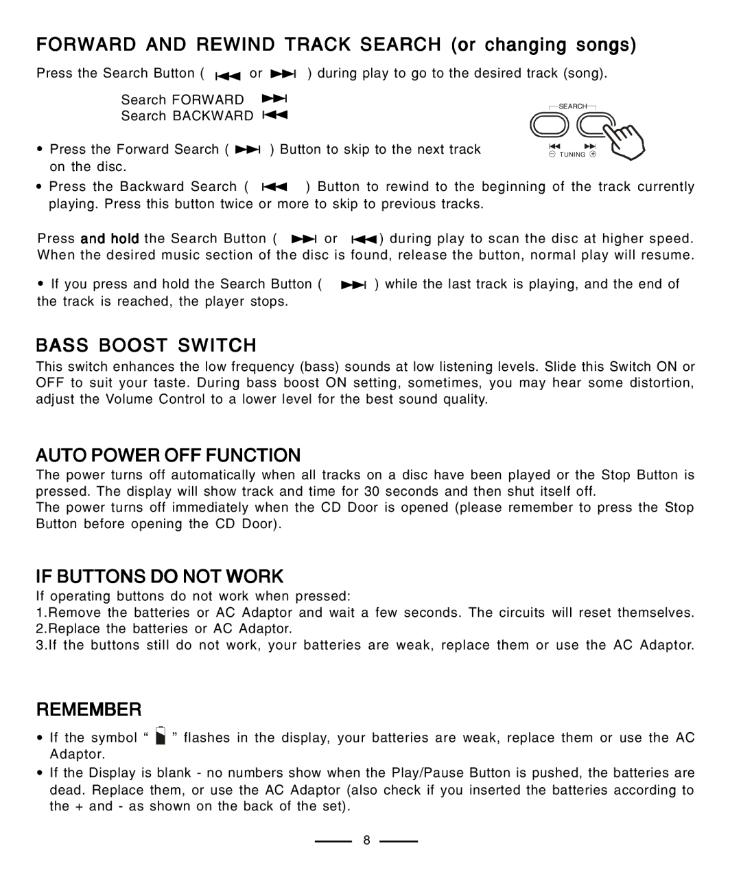 Lenoxx Electronics CD-91 Bass Boost Switch, Auto Power OFF Function, If Buttons do not Work, Remember 