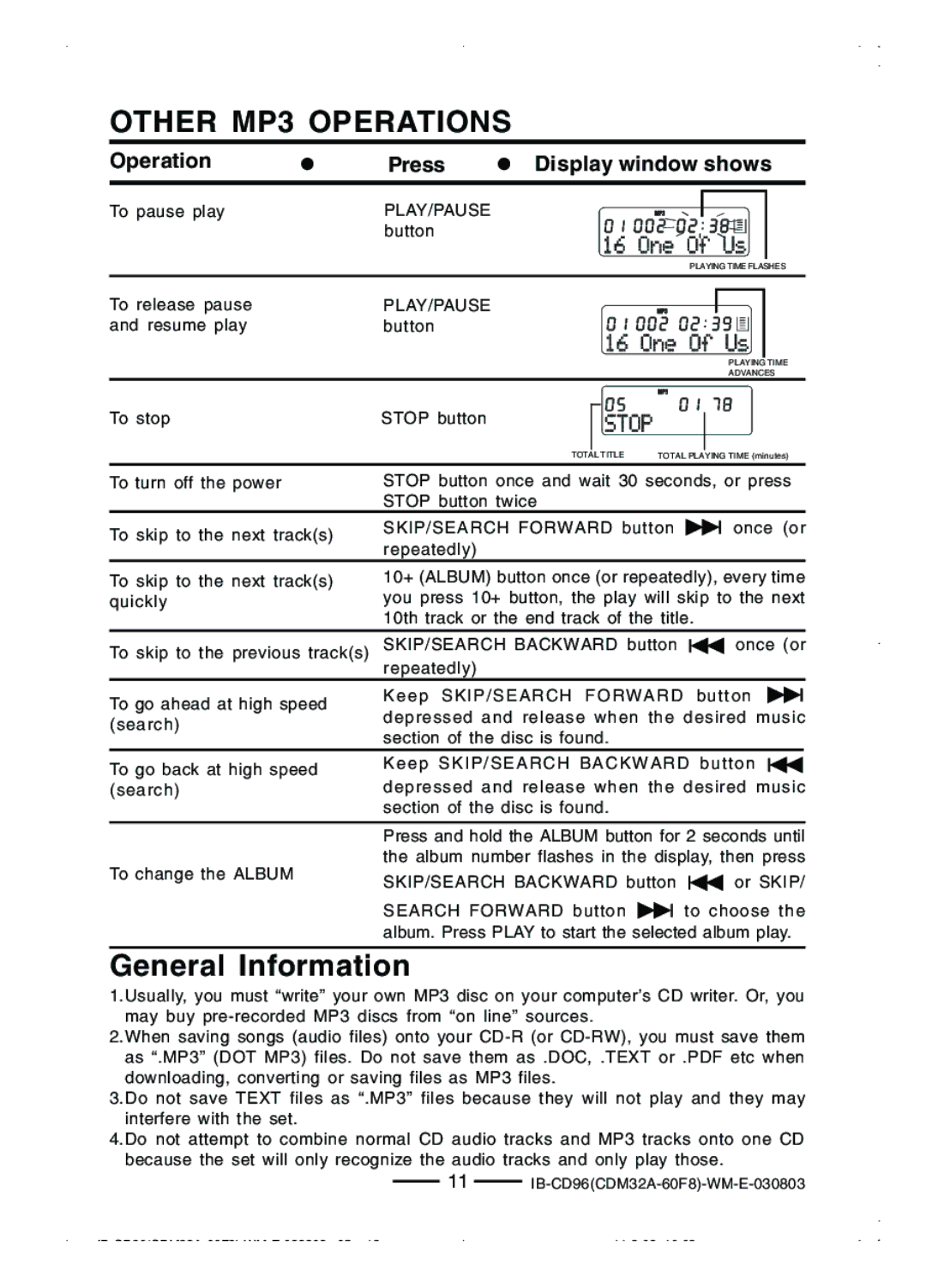 Lenoxx Electronics CD-96 manual Other MP3 Operations, General Information 