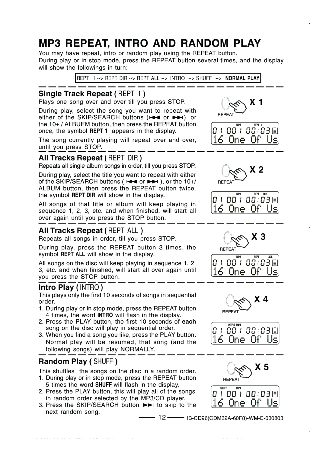 Lenoxx Electronics CD-96 manual MP3 REPEAT, Intro and Random Play, All Tracks Repeat Rept DIR 