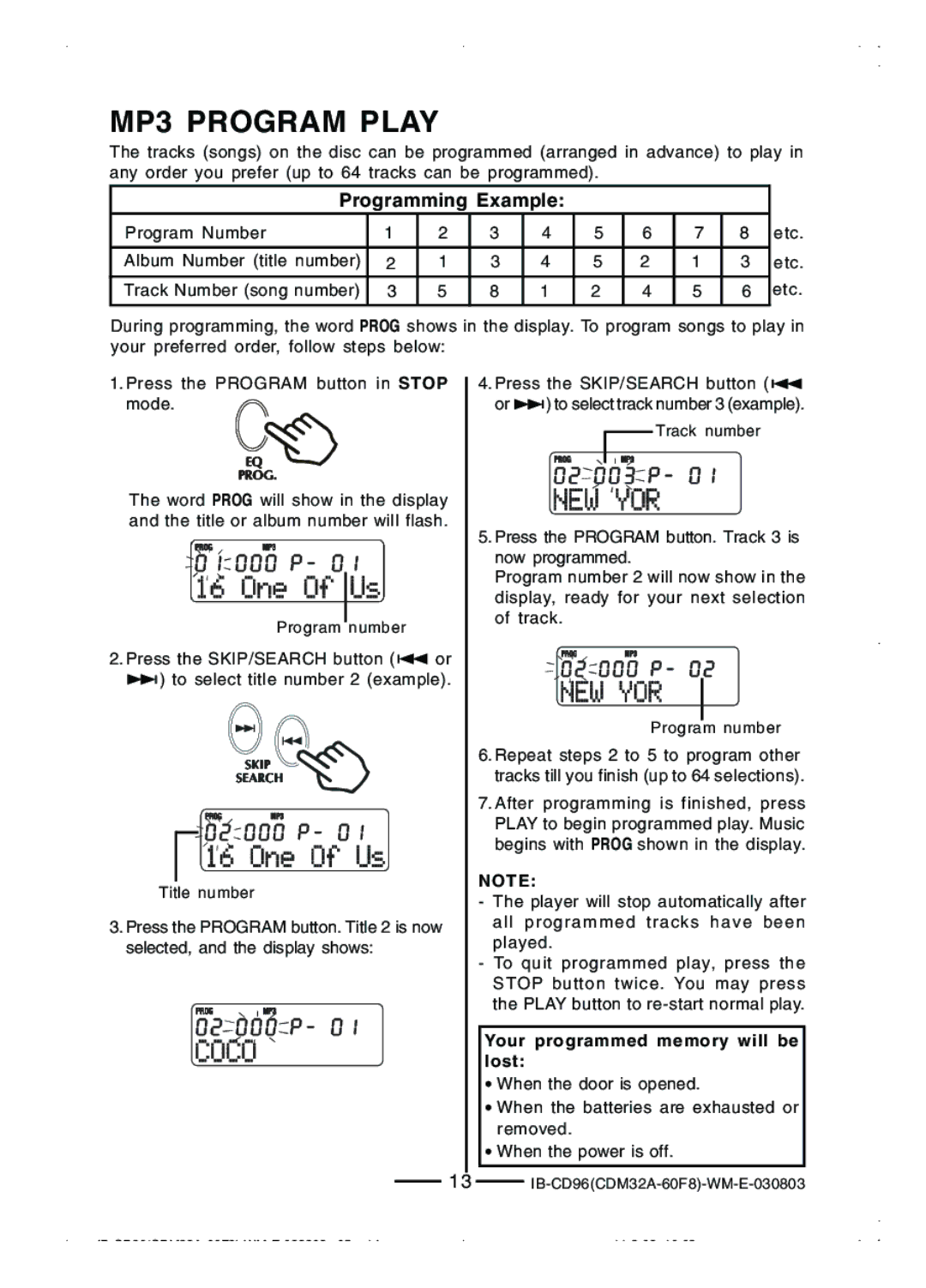 Lenoxx Electronics CD-96 manual MP3 Program Play 